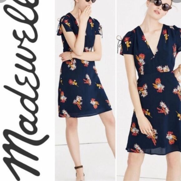 Madewell Silk Poppy Dress Cactus Flower Navy Mini - Picture 1 of 12